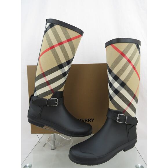 BURBERRY SIMEON BLACK RUBBER BEIGE CHECK LOGO KNEE HIGH RAIN BOOTS US 9 EU 39 - Picture 8 of 14